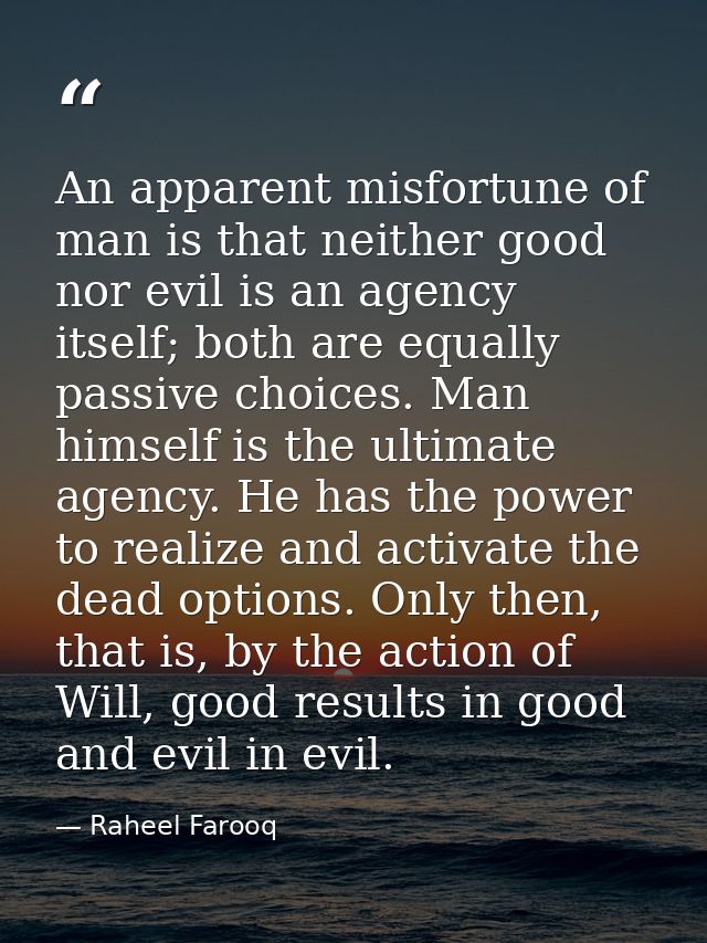 An apparent misfortune of man is that neither good nor evil is an agency itself; both are equally passive choices. Man h — Raheel Farooq