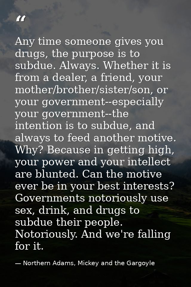 Any time someone gives you drugs, the purpose is to subdue. Always. Whether it is from a dealer, a friend, your mother/b — Northern Adams, Mickey and the Gargoyle