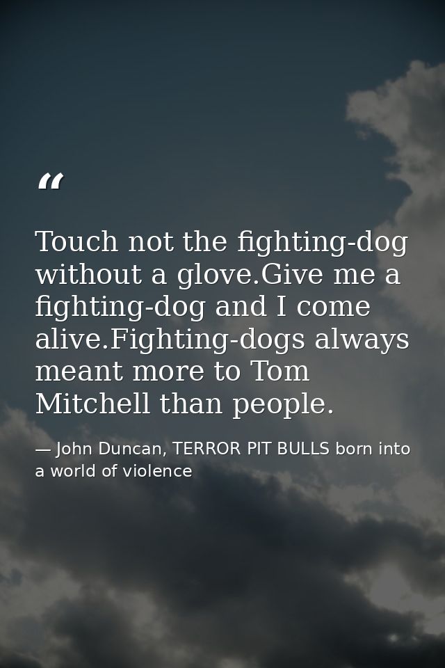Touch not the fighting-dog without a glove.Give me a fighting-dog and I come alive.Fighting-dogs always meant more to To — John Duncan, TERROR PIT BULLS born into a world of violence