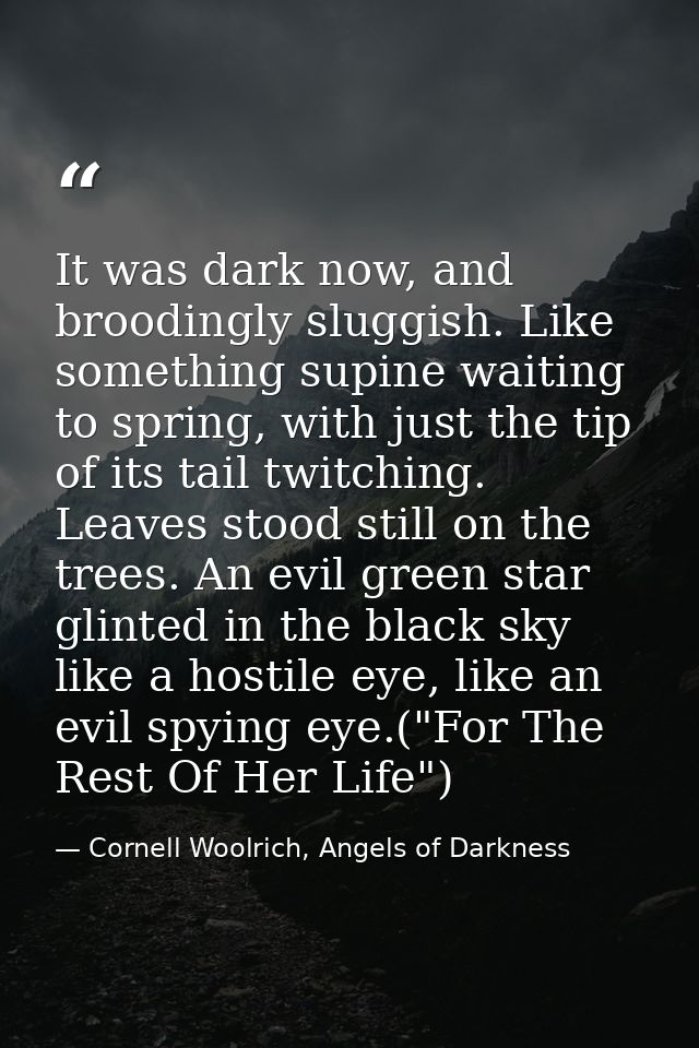 It was dark now, and broodingly sluggish. Like something supine waiting to spring, with just the tip of its tail twitchi — Cornell Woolrich, Angels of Darkness
