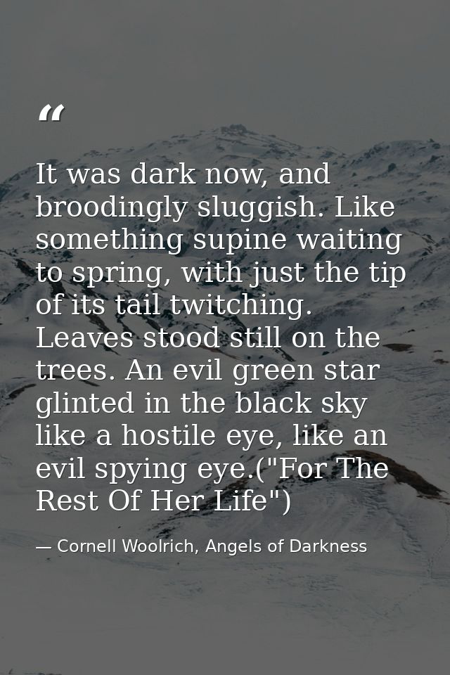 It was dark now, and broodingly sluggish. Like something supine waiting to spring, with just the tip of its tail twitchi — Cornell Woolrich, Angels of Darkness
