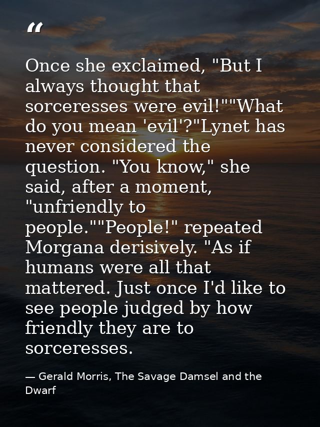 Once she exclaimed, "But I always thought that sorceresses were evil!""What do you mean 'evil'?"Lynet has never consider — Gerald Morris, The Savage Damsel and the Dwarf