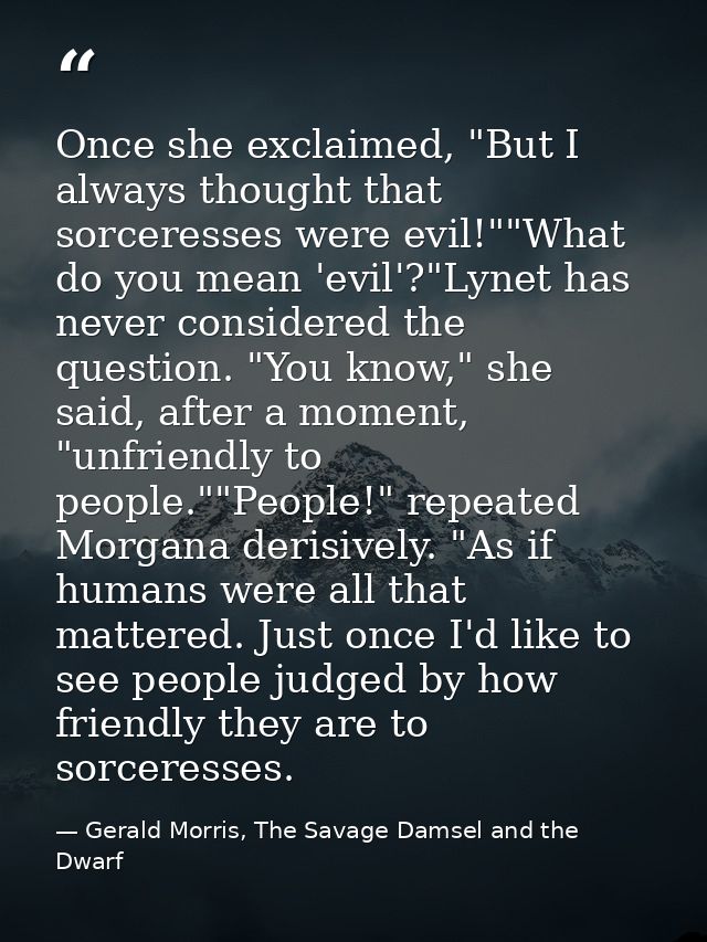 Once she exclaimed, "But I always thought that sorceresses were evil!""What do you mean 'evil'?"Lynet has never consider — Gerald Morris, The Savage Damsel and the Dwarf