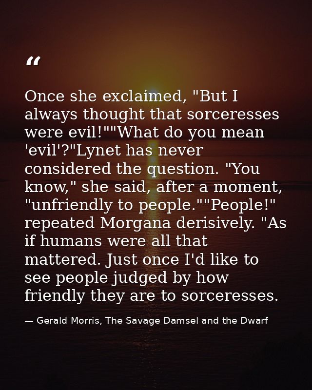Once she exclaimed, "But I always thought that sorceresses were evil!""What do you mean 'evil'?"Lynet has never consider — Gerald Morris, The Savage Damsel and the Dwarf