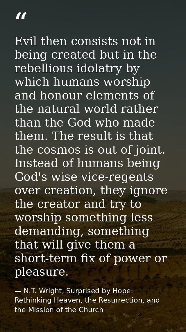 Evil then consists not in being created but in the rebellious idolatry by which humans worship and honour elements of th — N.T. Wright, Surprised by Hope: Rethinking Heaven, the Resurrection, and the Mission of the Church