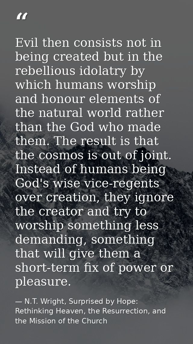 Evil then consists not in being created but in the rebellious idolatry by which humans worship and honour elements of th — N.T. Wright, Surprised by Hope: Rethinking Heaven, the Resurrection, and the Mission of the Church