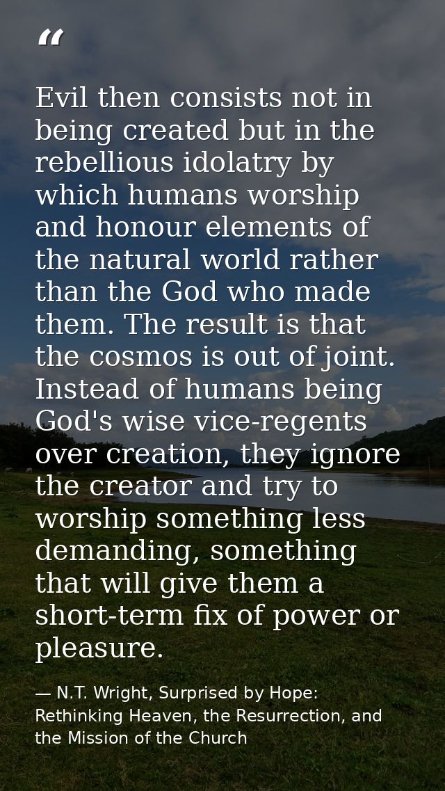 Evil then consists not in being created but in the rebellious idolatry by which humans worship and honour elements of th — N.T. Wright, Surprised by Hope: Rethinking Heaven, the Resurrection, and the Mission of the Church