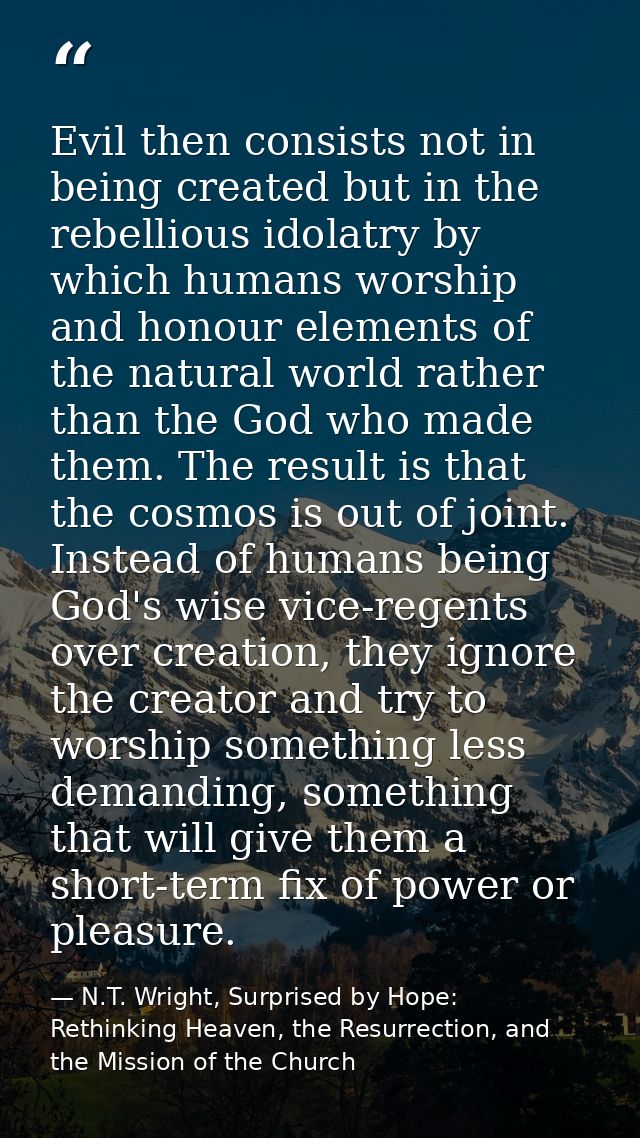 Evil then consists not in being created but in the rebellious idolatry by which humans worship and honour elements of th — N.T. Wright, Surprised by Hope: Rethinking Heaven, the Resurrection, and the Mission of the Church