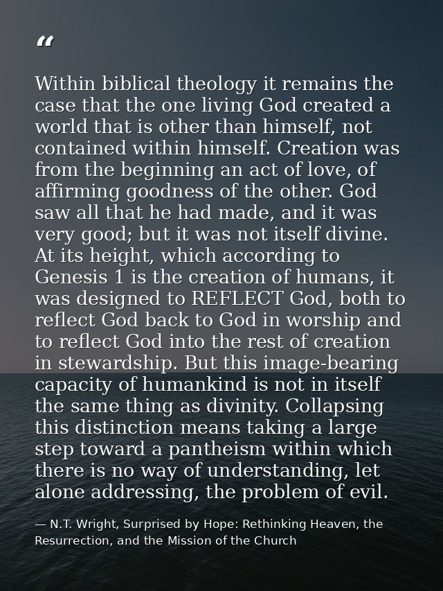 Within biblical theology it remains the case that the one living God created a world that is other than himself, not con — N.T. Wright, Surprised by Hope: Rethinking Heaven, the Resurrection, and the Mission of the Church