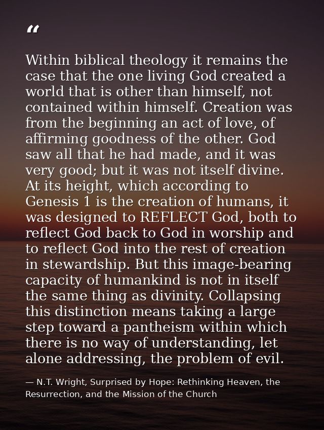 Within biblical theology it remains the case that the one living God created a world that is other than himself, not con — N.T. Wright, Surprised by Hope: Rethinking Heaven, the Resurrection, and the Mission of the Church