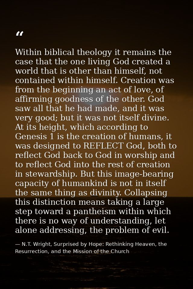 Within biblical theology it remains the case that the one living God created a world that is other than himself, not con — N.T. Wright, Surprised by Hope: Rethinking Heaven, the Resurrection, and the Mission of the Church