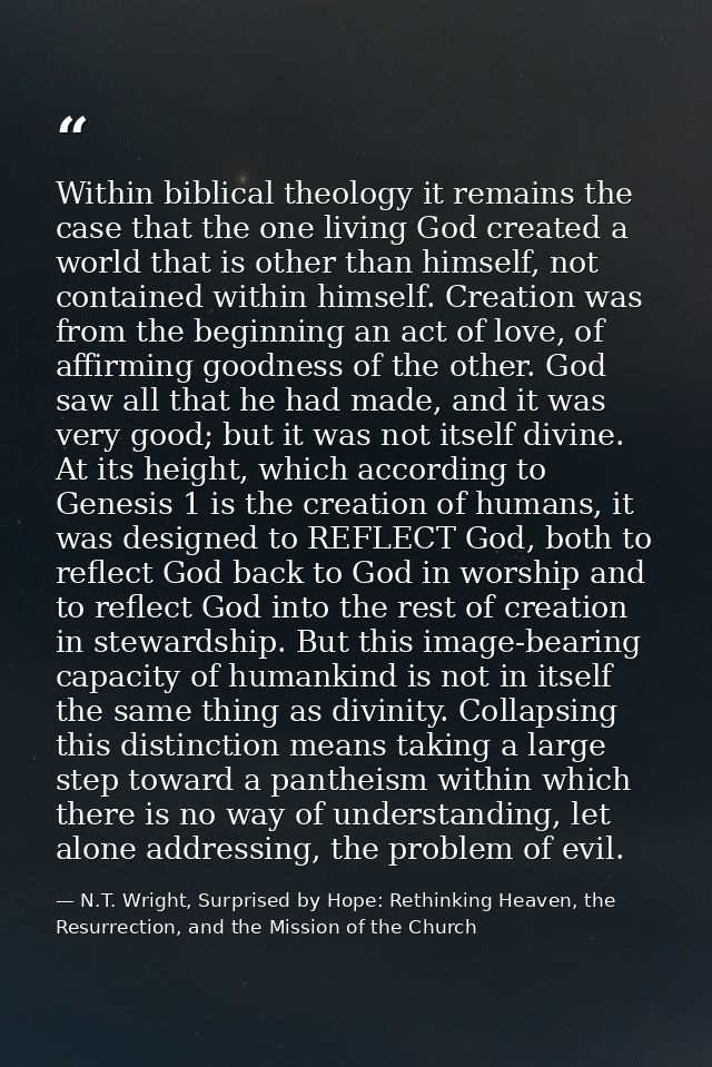 Within biblical theology it remains the case that the one living God created a world that is other than himself, not con — N.T. Wright, Surprised by Hope: Rethinking Heaven, the Resurrection, and the Mission of the Church