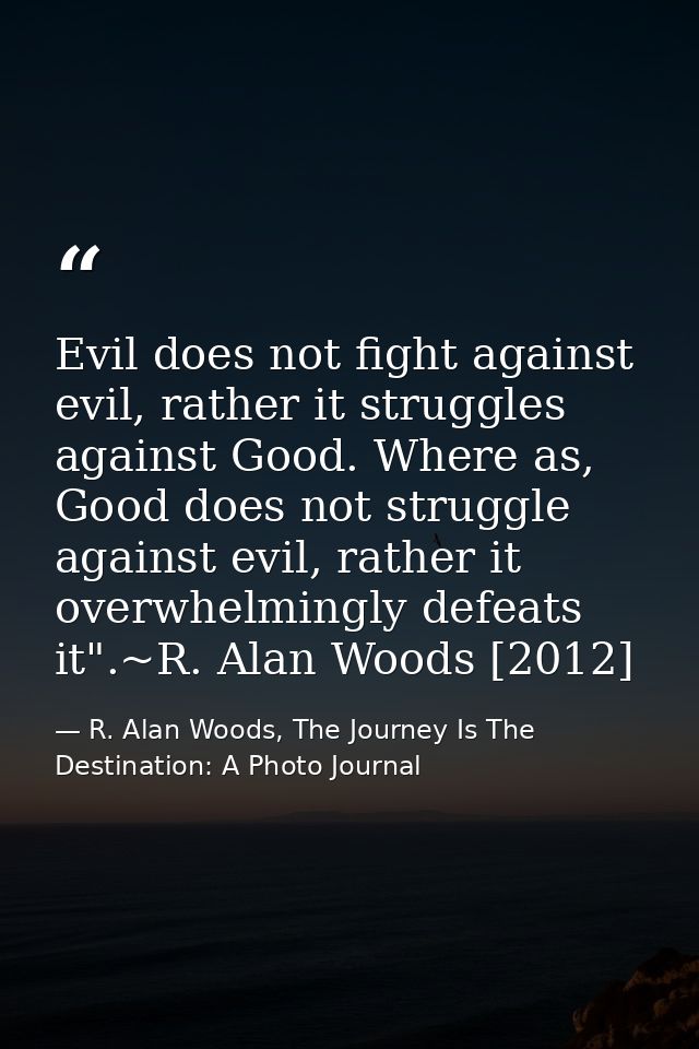 Evil does not fight against evil, rather it struggles against Good. Where as, Good does not struggle against evil, rathe — R. Alan Woods, The Journey Is The Destination: A Photo Journal