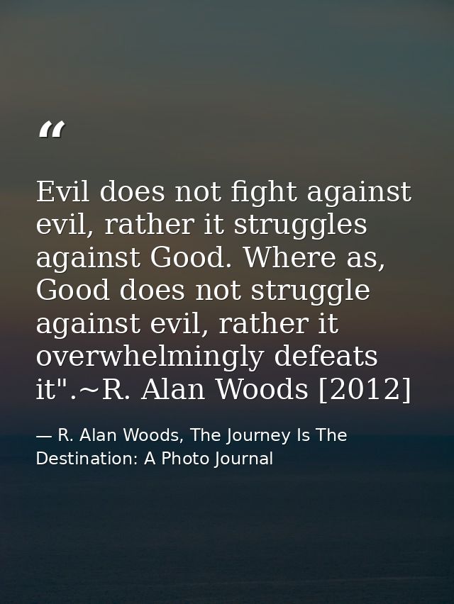 Evil does not fight against evil, rather it struggles against Good. Where as, Good does not struggle against evil, rathe — R. Alan Woods, The Journey Is The Destination: A Photo Journal