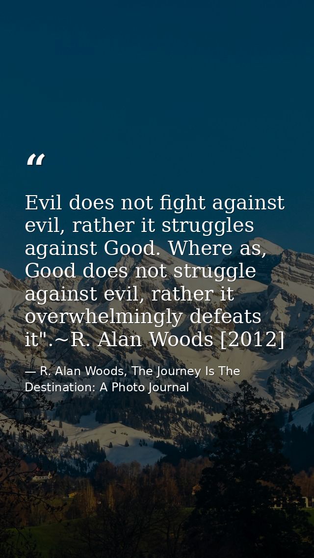Evil does not fight against evil, rather it struggles against Good. Where as, Good does not struggle against evil, rathe — R. Alan Woods, The Journey Is The Destination: A Photo Journal