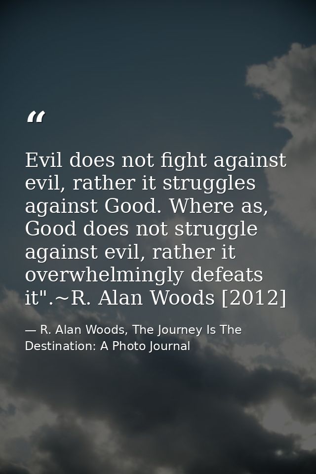 Evil does not fight against evil, rather it struggles against Good. Where as, Good does not struggle against evil, rathe — R. Alan Woods, The Journey Is The Destination: A Photo Journal