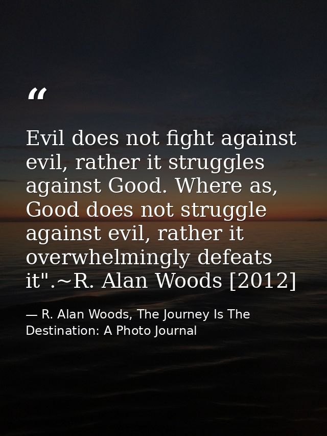Evil does not fight against evil, rather it struggles against Good. Where as, Good does not struggle against evil, rathe — R. Alan Woods, The Journey Is The Destination: A Photo Journal