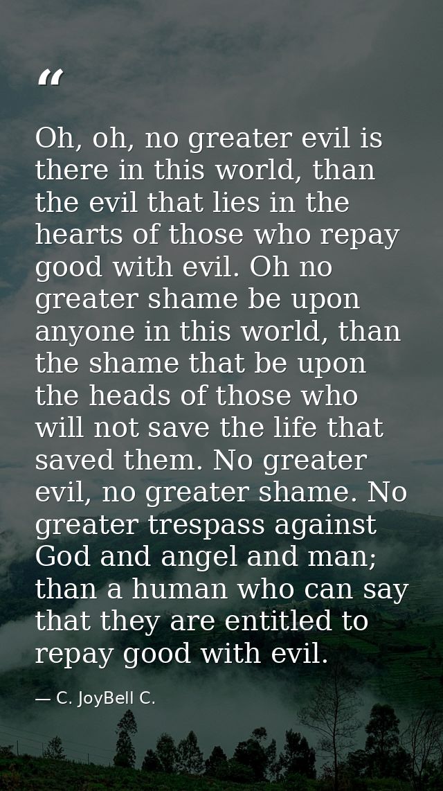Oh, oh, no greater evil is there in this world, than the evil that lies in the hearts of those who repay good with evil. — C. JoyBell C.