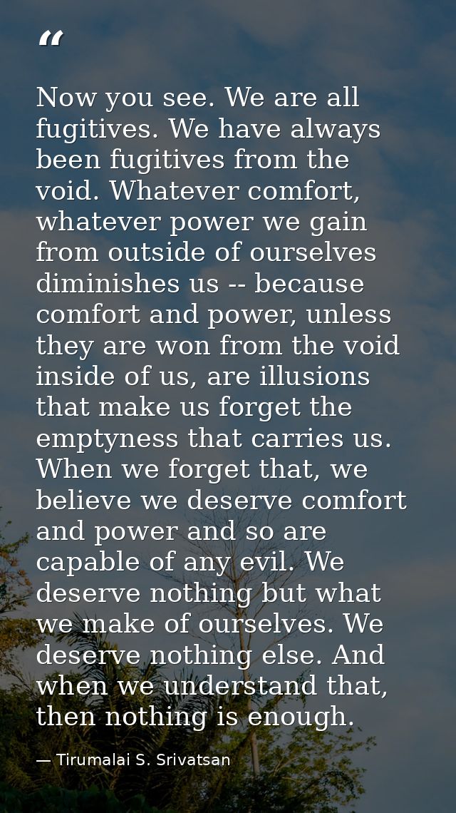 Now you see. We are all fugitives. We have always been fugitives from the void. Whatever comfort, whatever power we gain — Tirumalai S. Srivatsan
