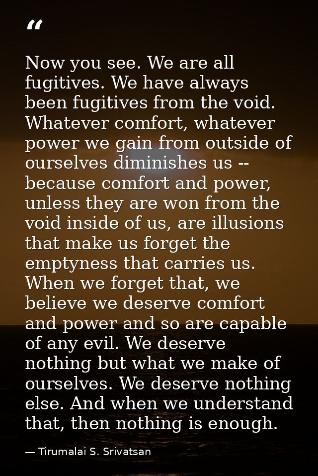 Now you see. We are all fugitives. We have always been fugitives from the void. Whatever comfort, whatever power we gain — Tirumalai S. Srivatsan