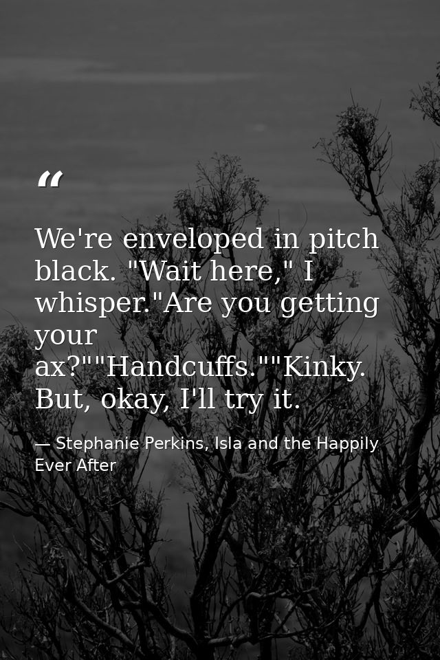 We're enveloped in pitch black. "Wait here," I whisper."Are you getting your ax?""Handcuffs.""Kinky. But, okay, I'll try — Stephanie Perkins, Isla and the Happily Ever After