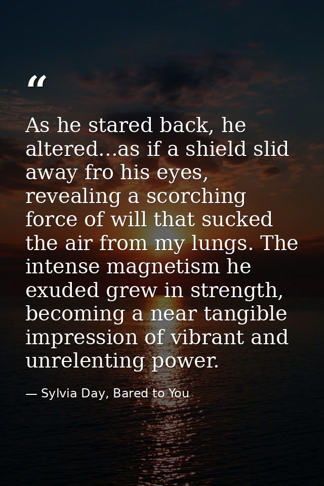 As he stared back, he altered...as if a shield slid away fro his eyes, revealing a scorching force of will that sucked t — Sylvia Day, Bared to You