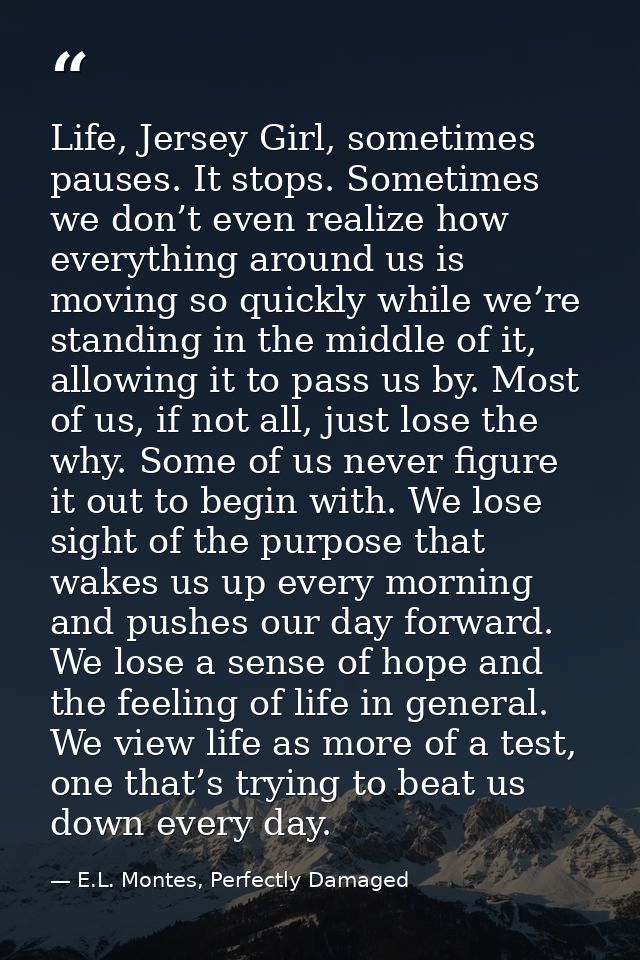 Life, Jersey Girl, sometimes pauses. It stops. Sometimes we don’t even realize how everything around us is moving so qui — E.L. Montes, Perfectly Damaged