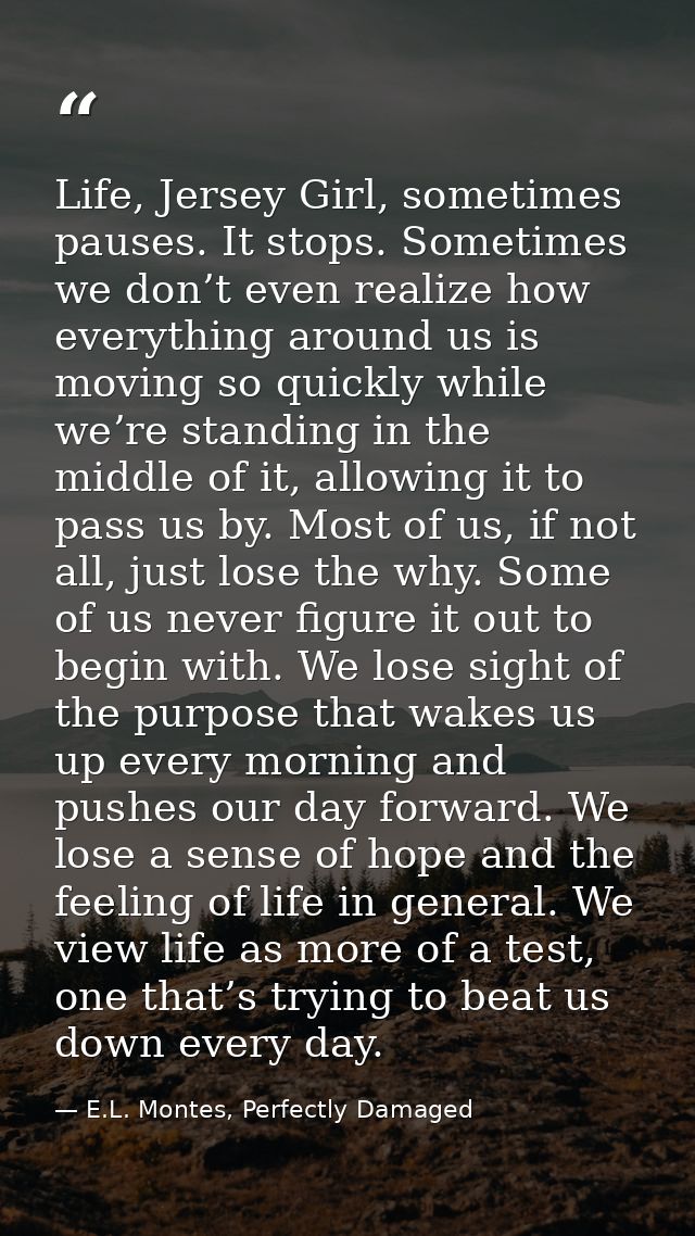 Life, Jersey Girl, sometimes pauses. It stops. Sometimes we don’t even realize how everything around us is moving so qui — E.L. Montes, Perfectly Damaged