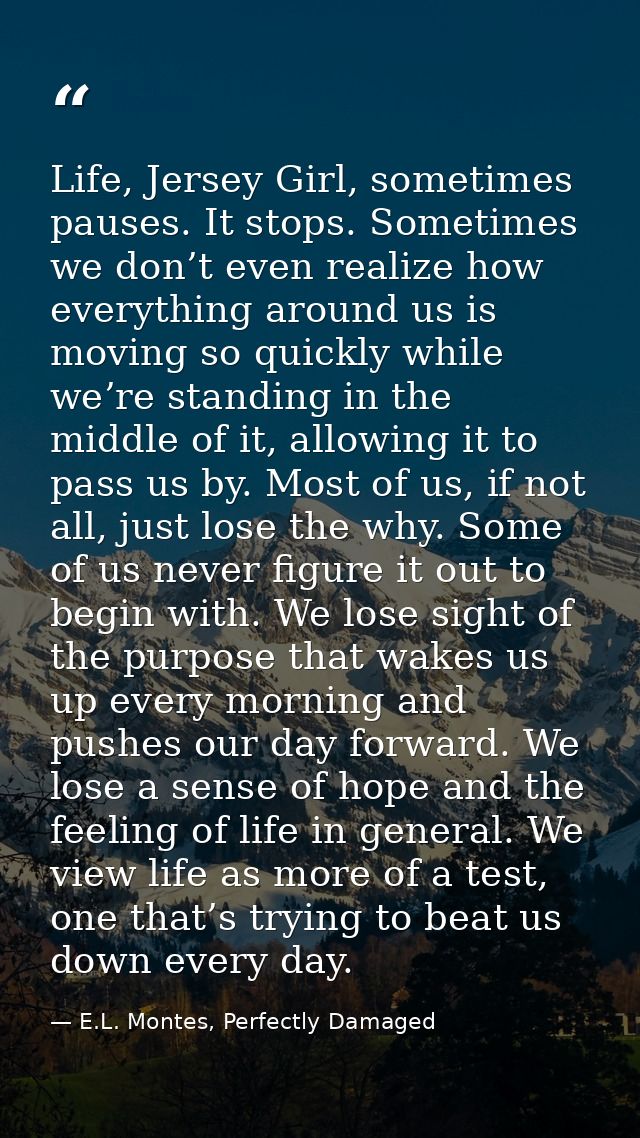 Life, Jersey Girl, sometimes pauses. It stops. Sometimes we don’t even realize how everything around us is moving so qui — E.L. Montes, Perfectly Damaged