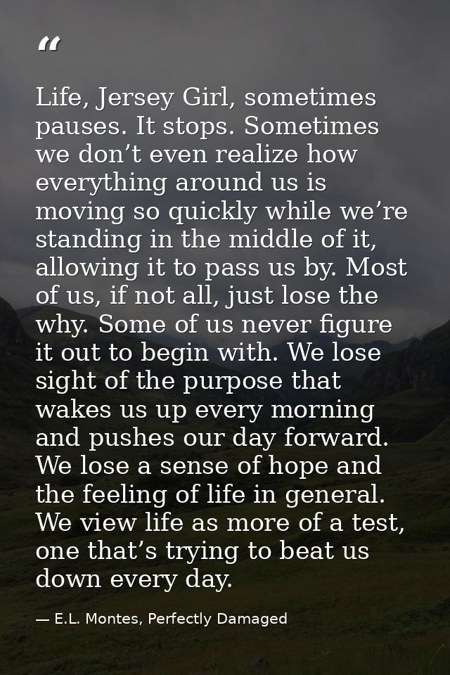 Life, Jersey Girl, sometimes pauses. It stops. Sometimes we don’t even realize how everything around us is moving so qui — E.L. Montes, Perfectly Damaged