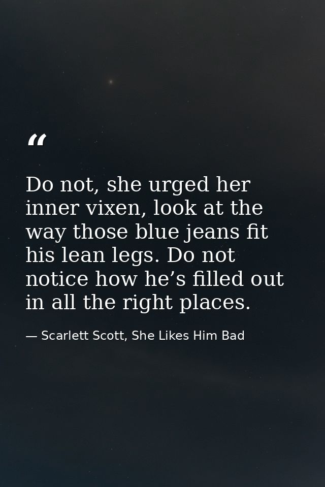 Do not, she urged her inner vixen, look at the way those blue jeans fit his lean legs. Do not notice how he’s filled out — Scarlett Scott, She Likes Him Bad