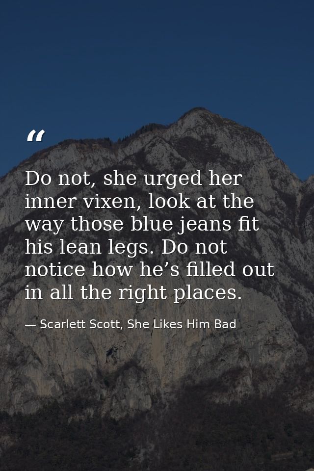 Do not, she urged her inner vixen, look at the way those blue jeans fit his lean legs. Do not notice how he’s filled out — Scarlett Scott, She Likes Him Bad