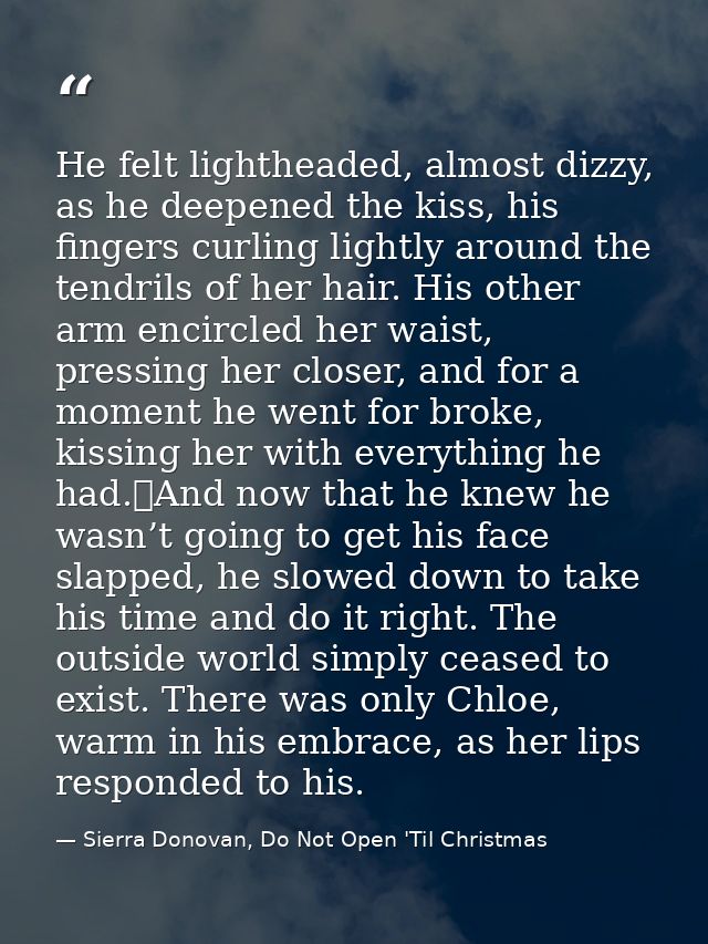 He felt lightheaded, almost dizzy, as he deepened the kiss, his fingers curling lightly around the tendrils of her hair. — Sierra Donovan, Do Not Open 'Til Christmas