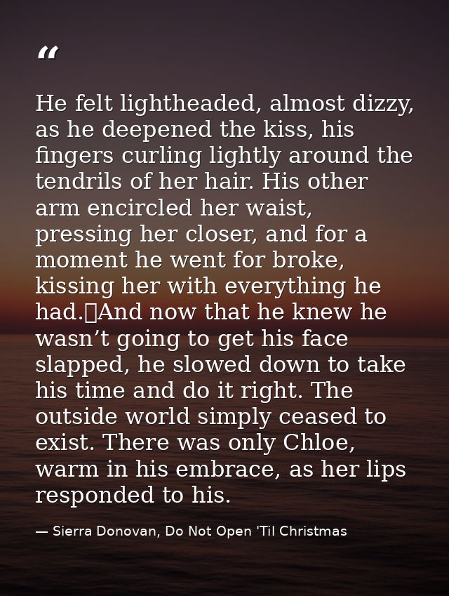He felt lightheaded, almost dizzy, as he deepened the kiss, his fingers curling lightly around the tendrils of her hair. — Sierra Donovan, Do Not Open 'Til Christmas
