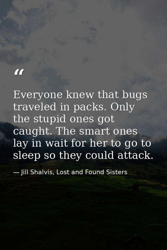 Everyone knew that bugs traveled in packs. Only the stupid ones got caught. The smart ones lay in wait for her to go to  — Jill Shalvis, Lost and Found Sisters