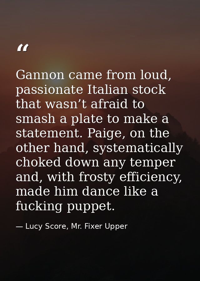Gannon came from loud, passionate Italian stock that wasn’t afraid to smash a plate to make a statement. Paige, on the o — Lucy Score, Mr. Fixer Upper