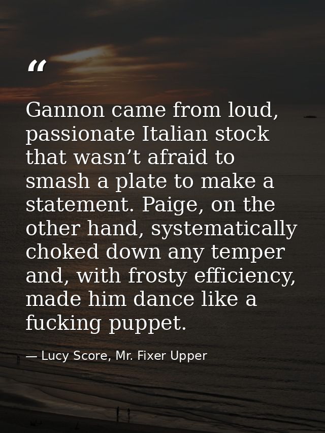 Gannon came from loud, passionate Italian stock that wasn’t afraid to smash a plate to make a statement. Paige, on the o — Lucy Score, Mr. Fixer Upper