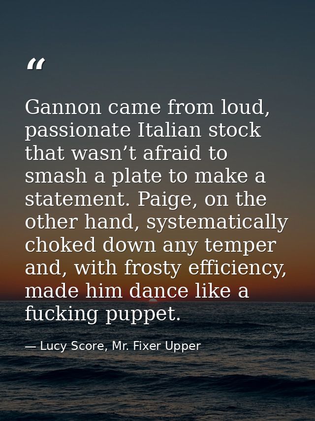 Gannon came from loud, passionate Italian stock that wasn’t afraid to smash a plate to make a statement. Paige, on the o — Lucy Score, Mr. Fixer Upper