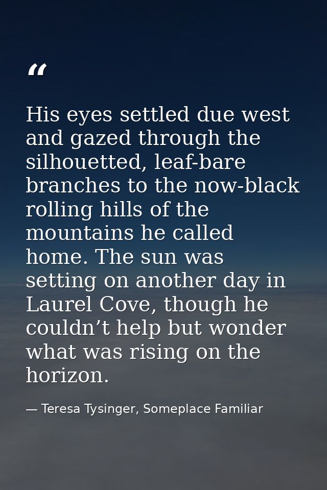 His eyes settled due west and gazed through the silhouetted, leaf-bare branches to the now-black rolling hills of the mo — Teresa Tysinger, Someplace Familiar