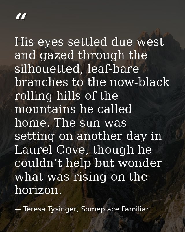 His eyes settled due west and gazed through the silhouetted, leaf-bare branches to the now-black rolling hills of the mo — Teresa Tysinger, Someplace Familiar