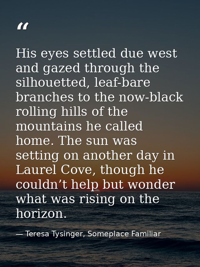 His eyes settled due west and gazed through the silhouetted, leaf-bare branches to the now-black rolling hills of the mo — Teresa Tysinger, Someplace Familiar