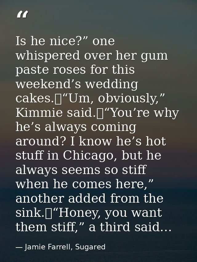 Is he nice?” one whispered over her gum paste roses for this weekend’s wedding cakes.	“Um, obviously,” Kimmie said.	“You — Jamie Farrell, Sugared