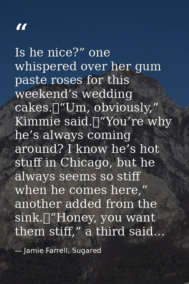 Is he nice?” one whispered over her gum paste roses for this weekend’s wedding cakes.	“Um, obviously,” Kimmie said.	“You — Jamie Farrell, Sugared