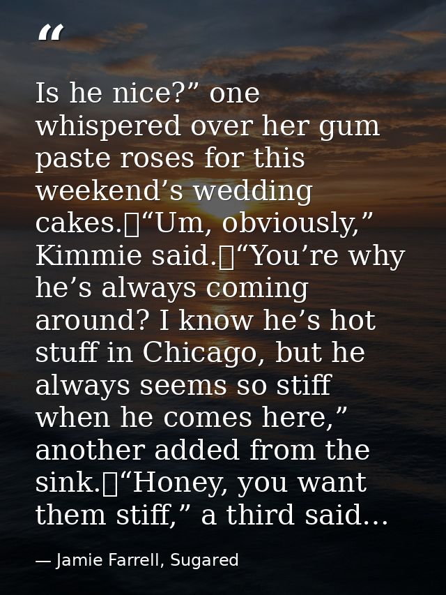 Is he nice?” one whispered over her gum paste roses for this weekend’s wedding cakes.	“Um, obviously,” Kimmie said.	“You — Jamie Farrell, Sugared