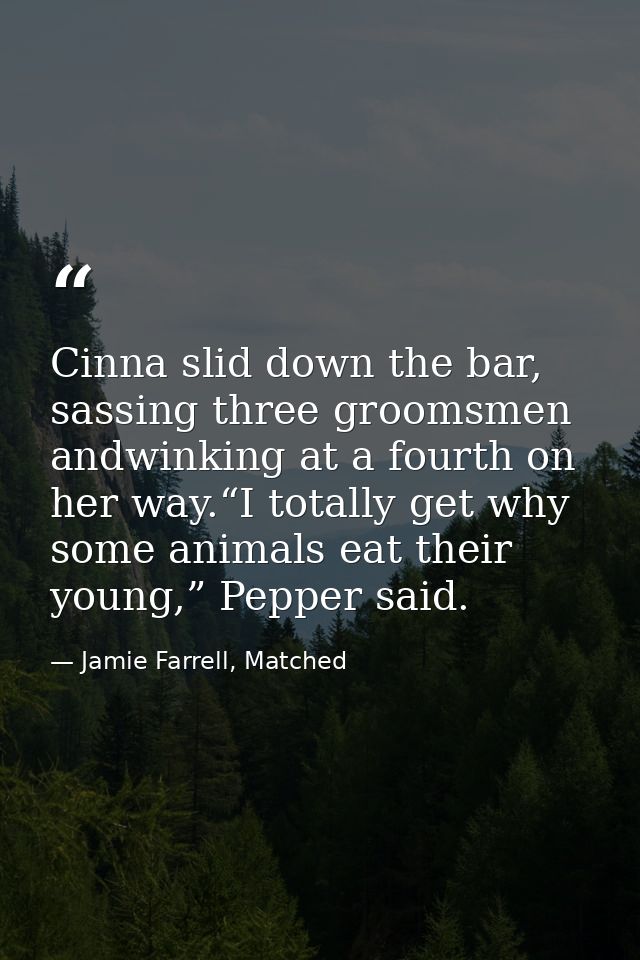 Cinna slid down the bar, sassing three groomsmen andwinking at a fourth on her way.“I totally get why some animals eat t — Jamie Farrell, Matched