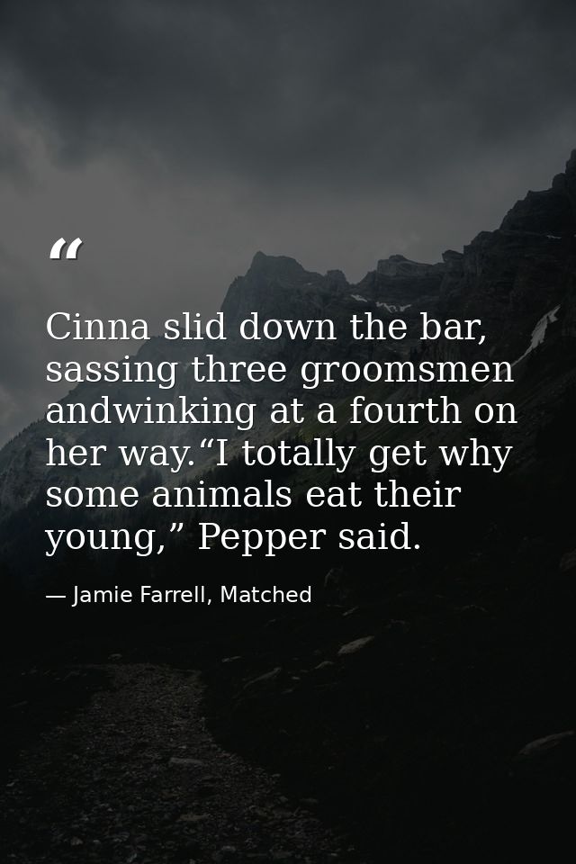 Cinna slid down the bar, sassing three groomsmen andwinking at a fourth on her way.“I totally get why some animals eat t — Jamie Farrell, Matched