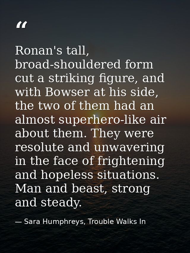 Ronan's tall, broad-shouldered form cut a striking figure, and with Bowser at his side, the two of them had an almost su — Sara Humphreys, Trouble Walks In