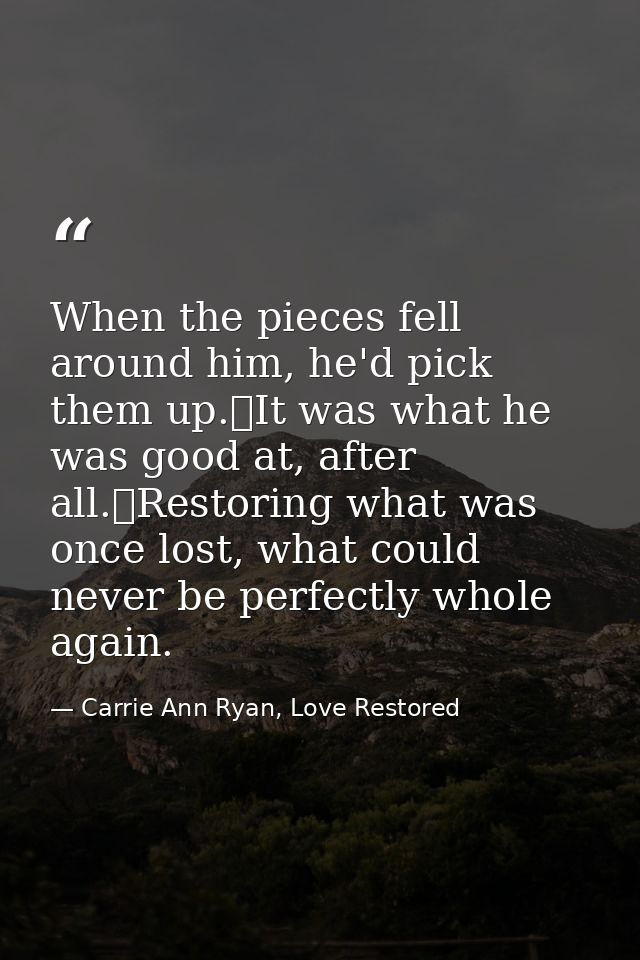 When the pieces fell around him, he'd pick them up.	It was what he was good at, after all.	Restoring what was once lost, — Carrie Ann Ryan, Love Restored