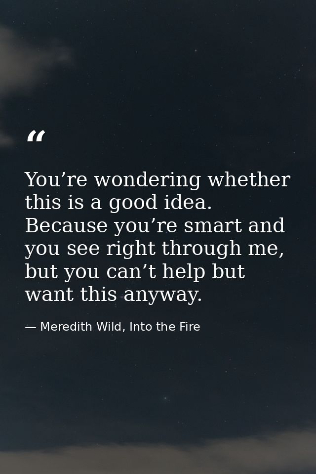 You’re wondering whether this is a good idea. Because you’re smart and you see right through me, but you can’t help but  — Meredith Wild, Into the Fire