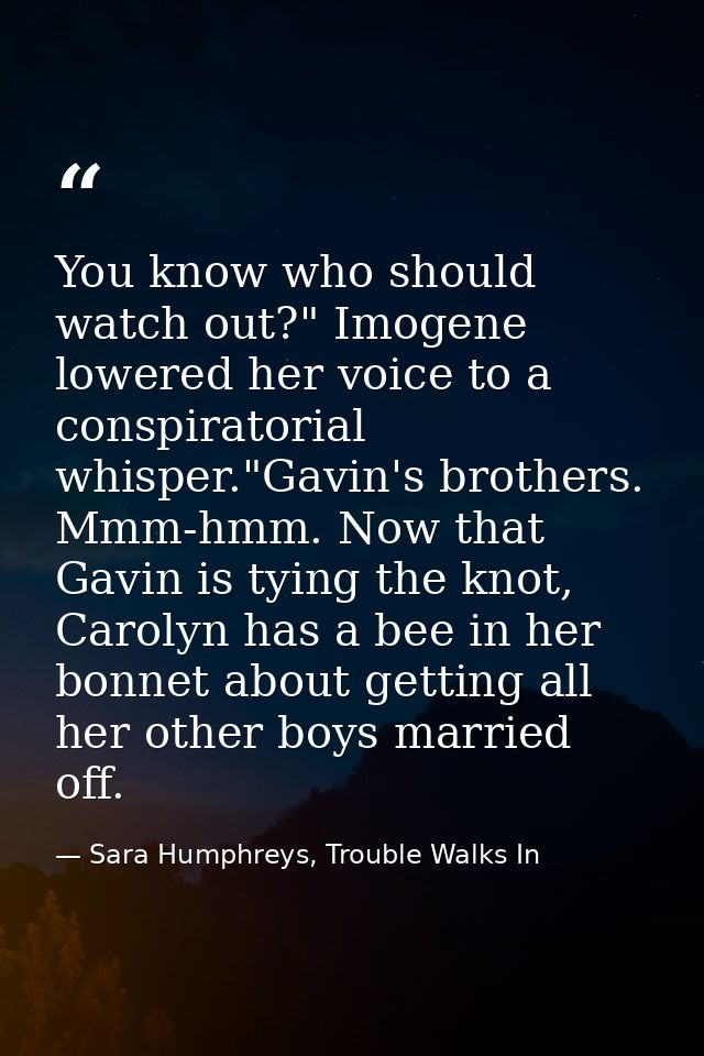 You know who should watch out?" Imogene lowered her voice to a conspiratorial whisper."Gavin's brothers. Mmm-hmm. Now th — Sara Humphreys, Trouble Walks In